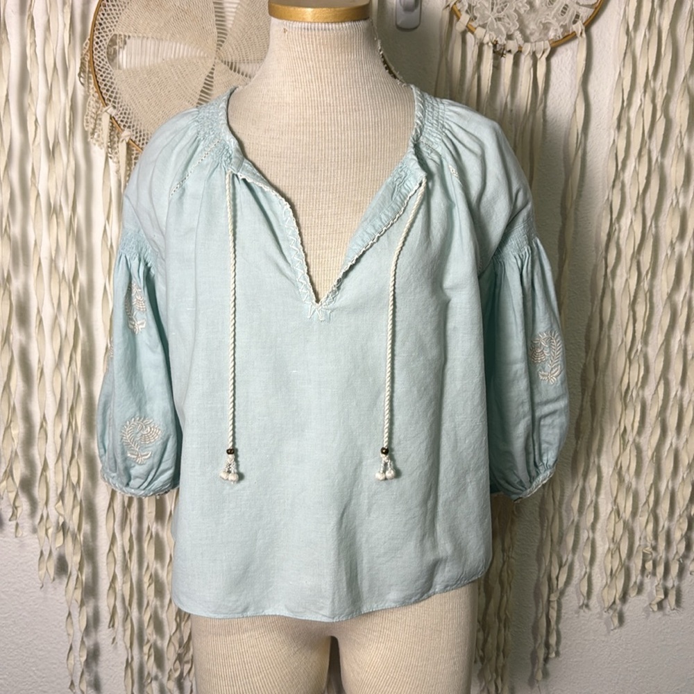 BOTEH Cotton/Linen Blend Aqua Blouse with Cream Embroidery Detail  0